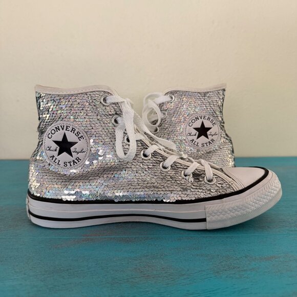 Converse Silver Sequin Chuck Taylor All Star High Top Sneakers Size 7 Womens - Picture 6 of 11